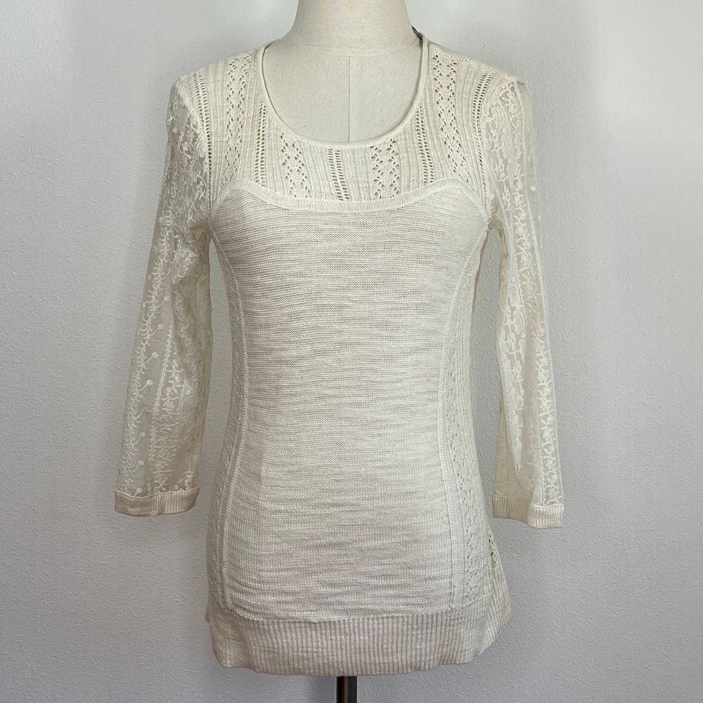 Knitted & Knotted Anthropologie Cream Sweater with Lace Sleeves and Open Knit Si
